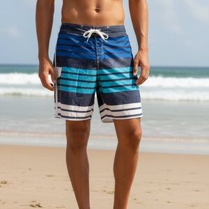 🌊 U.S. Apparel Men’s Swim Trunks – Blue & White Stripe Board Shorts (Size L)